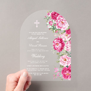 Invitaciones Acrílicas Bodas con Arco de Peonías Rosa Caliente