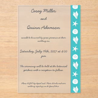 Invitaciones Acrílicas Bodas de Acrílico Turquesa con Conchas de Verano