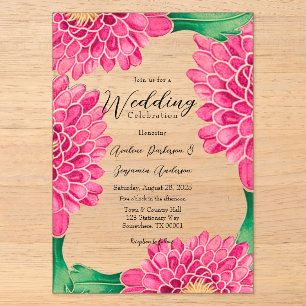 Invitaciones Acrílicas Bodas de crisantemos rosados con pintura geométric