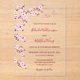 Invitaciones Acrílicas Bodas de flores de cerezo rosadas transparentes
