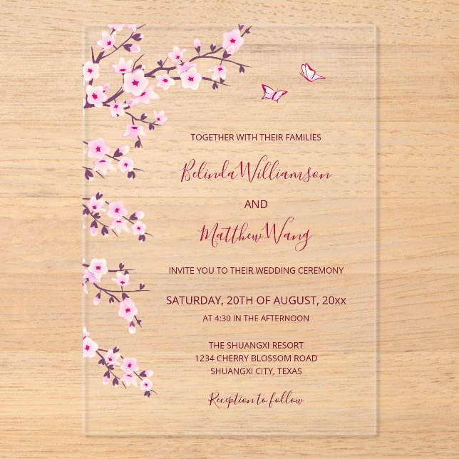 Invitaciones Acrílicas Bodas de flores de cerezo rosadas transparentes (Anverso)