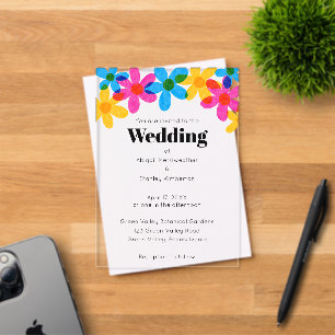 Invitaciones Acrílicas Bodas de flores hippies brillantes y audaces de pr