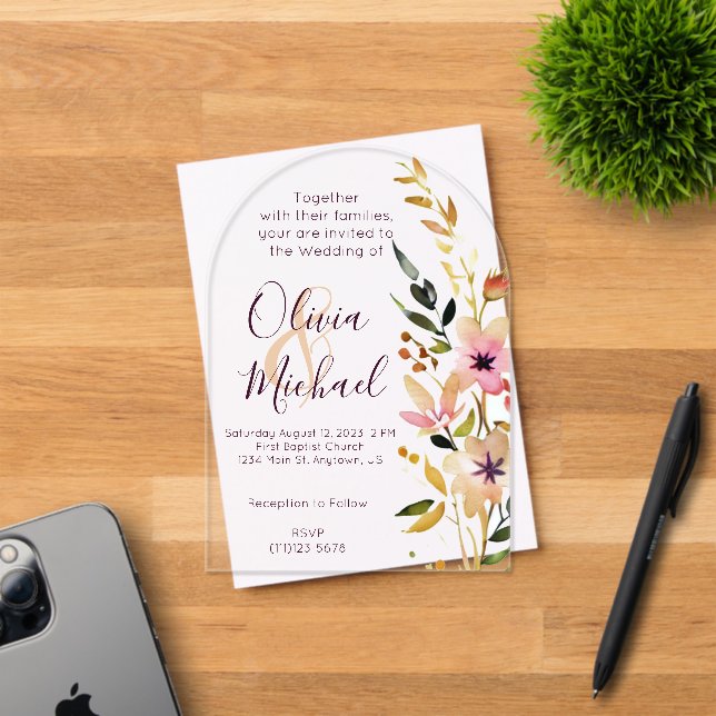 Invitaciones Acrílicas Bodas de flores silvestres naturales (Insitu (Tarjeta de Invitación))