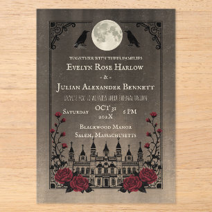 Invitaciones Acrílicas Bodas de Halloween Góticas Vintage con Murciélagos