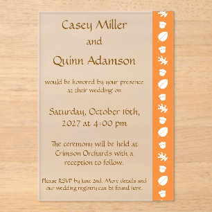 Invitaciones Acrílicas Bodas de Hojas de Otoño en Acrílico Naranja