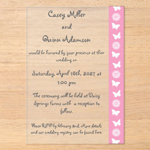 Invitaciones Acrílicas Bodas de Margaritas y Mariposas en Rosa Pétalo