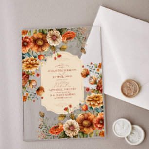 Invitaciones Acrílicas Bodas de Otoño Flores de Terracota Naranja Quemada