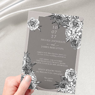 Invitaciones Acrílicas Bodas de peonías blancas y negras modernas y senci