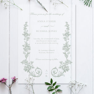 Invitaciones Acrílicas Bodas de rosas barrocas Elegant Sage