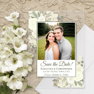 Invitaciones Acrílicas Bodas de Rosas Blancas Elegantes Guardar la Fecha