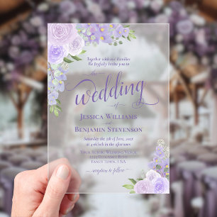 Invitaciones Acrílicas Bodas de Rosas Boho Moradas Lila Elegantes