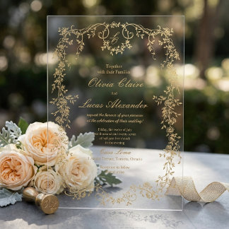 Invitaciones Acrílicas Bodas de Rosas de Lujo Blancas y Doradas Reales El