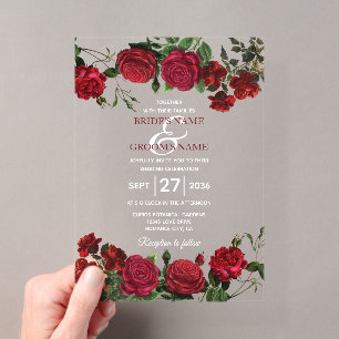 Invitaciones Acrílicas Bodas de Rosas Rojas Acuarela Transparentes Claras