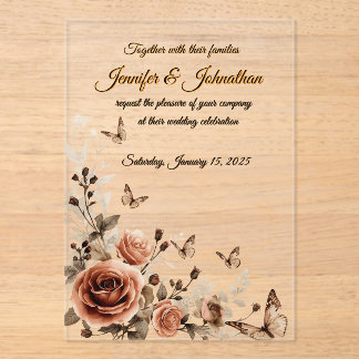 Invitaciones Acrílicas Bodas de Rosas Vintage y Mariposas