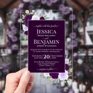 Invitaciones Acrílicas Bodas de texto elegante púrpura boho rosas