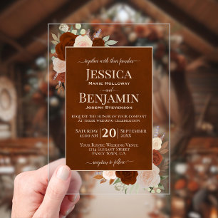 Invitaciones Acrílicas Bodas de Texto Elegante Rosas Naranjas Rústicas