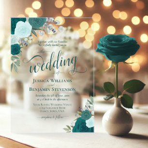 Invitaciones Acrílicas Bodas Elegantes de Rosas Boho Chic en Verde Azul y