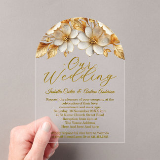 Invitaciones Acrílicas Bodas Elegantes Ornadas Flores Crema Dorado