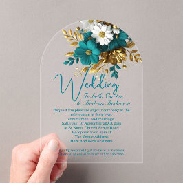 Invitaciones Acrílicas Bodas Elegantes Ornadas Flores Turquesa Blanco Oro