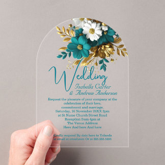 Invitaciones Acrílicas Bodas Elegantes Ornadas Flores Turquesa Blanco Oro