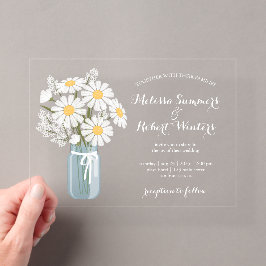 Invitaciones Acrílicas Bodas en frasco de Mason con elegantes flores blan