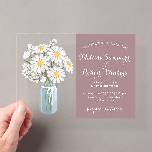 Invitaciones Acrílicas Bodas en tarro de mason de margaritas blancas eleg