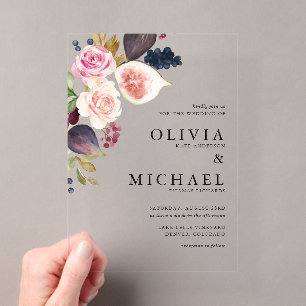 Invitaciones Acrílicas Bodas Florales de Acuarela de Higos y Floraciones