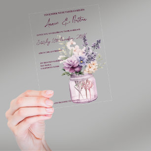 Invitaciones Acrílicas Bodas Florales de Flores Moradas Lindas en Tarro d