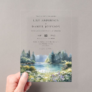Invitaciones Acrílicas Bodas Florales de Flores Silvestres junto al Lago