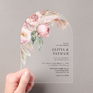 Invitaciones Acrílicas Bodas Florales de Peonías Rosadas Boho y Pasto Pam