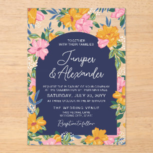 Invitaciones Acrílicas Bodas Flores Amarillas Rosadas Lujuriosas Azul Osc