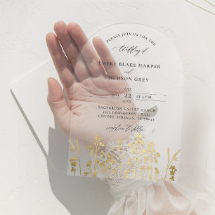 Invitaciones Acrílicas Bodas Flores Silvestres Falso Pátina de Oro Arco C