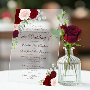 Invitaciones Acrílicas Bodas Formales de Rosas Rojo Borgoña y Rubor Elega