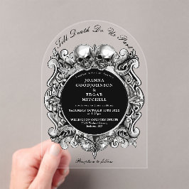 Invitaciones Acrílicas Bodas góticas de cráneos con monograma arqueado ha