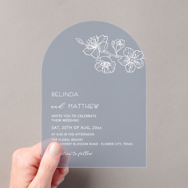 Invitaciones Acrílicas Bodas informales de flores blancas azul polvorient (Insitu (portátil))