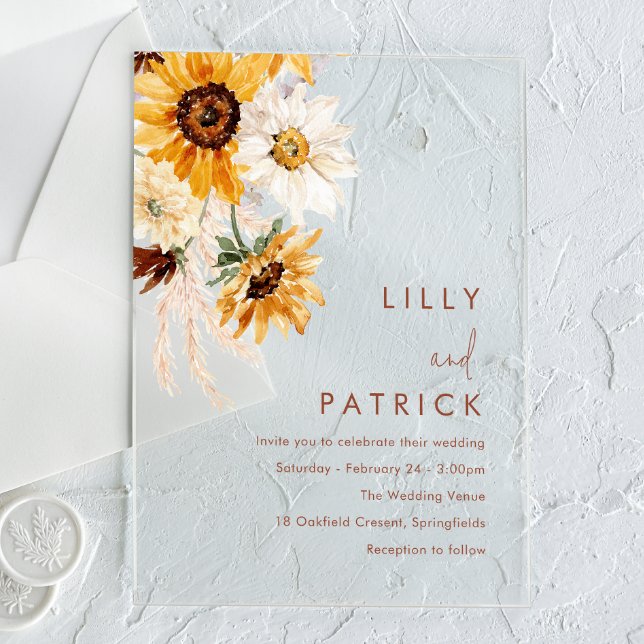 Invitaciones Acrílicas Bodas Modernas de Girasoles Boho (Subido por el creador)