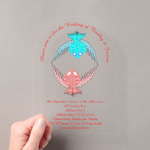 Invitaciones Acrílicas Bodas personalizadas de pájaros de amor rosados y 