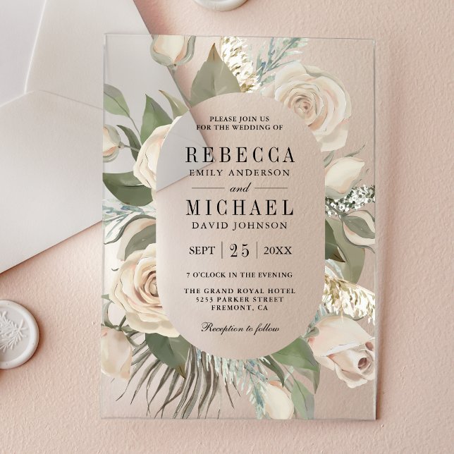 Invitaciones Acrílicas Bodas Rústicas Boho Rosas Marfil Hojas Verde Salvi (Subido por el creador)