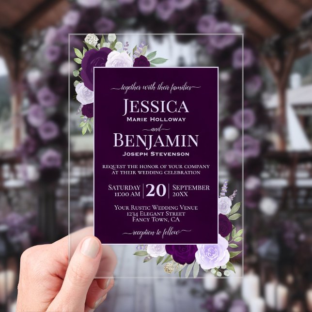 Invitaciones Acrílicas Bodas Textual Estilizadas Rosas Boho Moradas Elega (Clear Acrylic with Rectangle Cut)