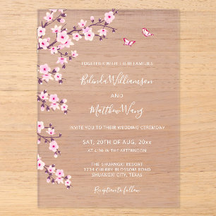 Invitaciones Acrílicas Bodas Transparentes Flor de Cerezo Rosa
