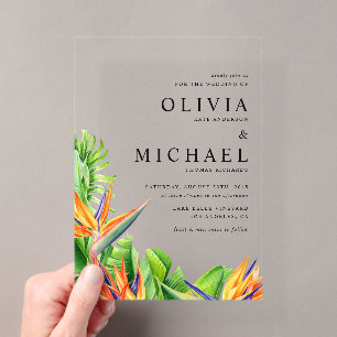 Invitaciones Acrílicas Bodas Tropicales de Aves del Paraíso con Acuarela