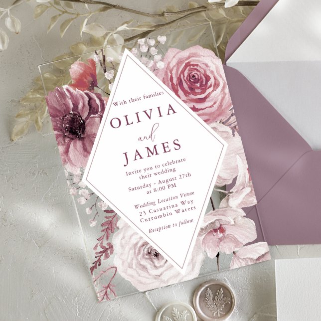 Invitaciones Acrílicas Bohemian Dusty Rosa y Mauve Boda floral (Subido por el creador)