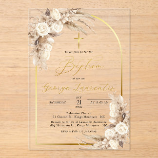 Invitaciones Acrílicas Bohemian Neutral Pampas Grass Baptism Christening