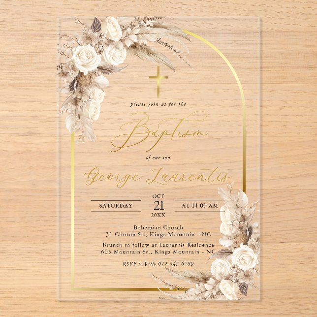 Invitaciones Acrílicas Bohemian Neutral Pampas Grass Baptism Christening  (Anverso)