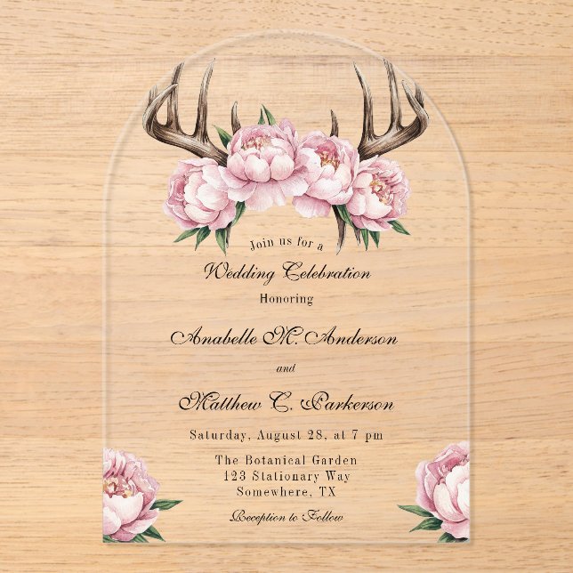 Invitaciones Acrílicas Boho Antler con la celebración del Boda de los peo (Anverso)