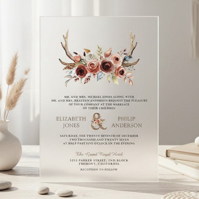 Invitaciones Acrílicas Boho Antlers Terracotta Floral Wedding (Subido por el creador)