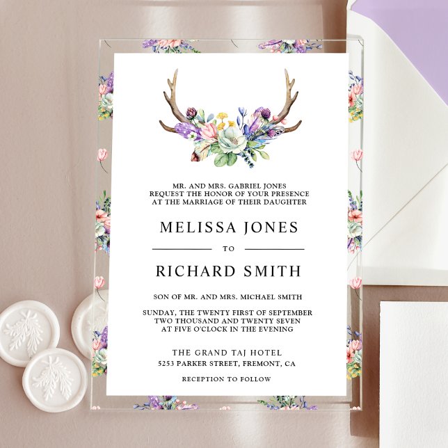Invitaciones Acrílicas Boho Antlers Wildflower Wedding (Subido por el creador)
