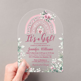 Invitaciones Acrílicas boho arcoiris rosa florido chica bebé ducha
