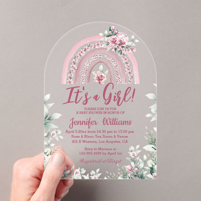 Invitaciones Acrílicas boho arcoiris rosa florido chica bebé ducha (Insitu (portátil))