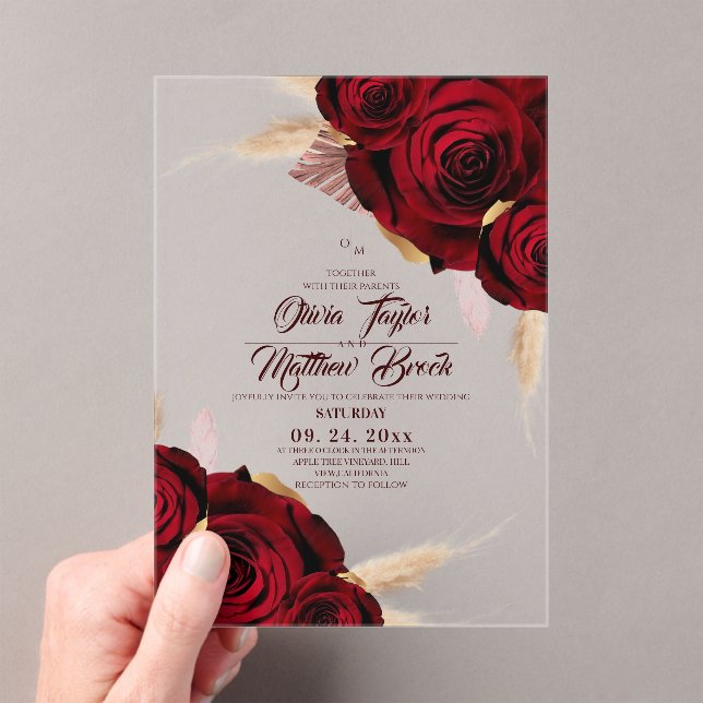 Invitaciones Acrílicas Boho Burgundy Roses Pampas Grass Wedding  (Insitu (portátil))